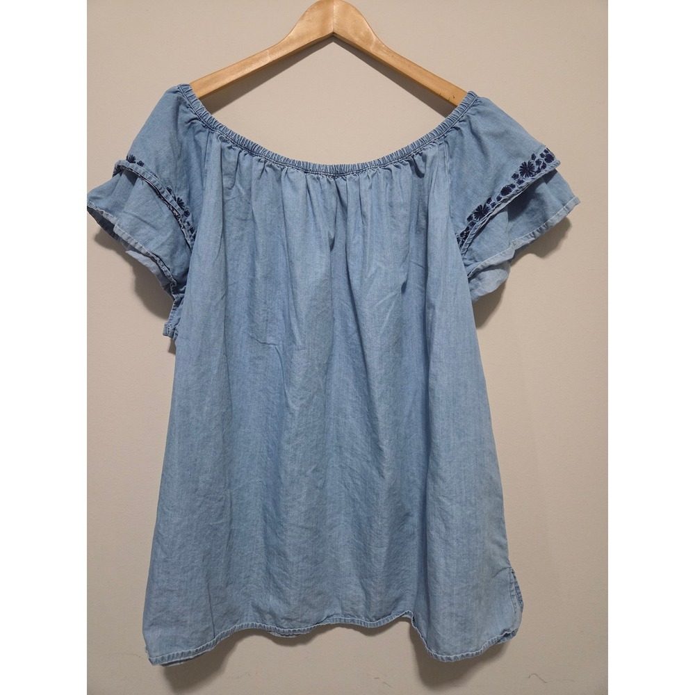 St Johns Bay Womens 3X Blue Chambray Off Shoulder Embroidered Flutter Sleeve Top